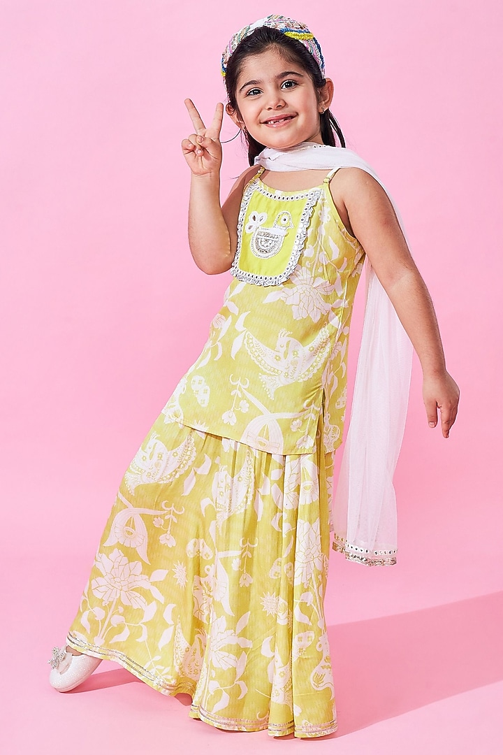 Yellow Modal Satin Printed Sharara Set For Girls by Joey and Pooh Kids at Pernia's Pop Up Shop
