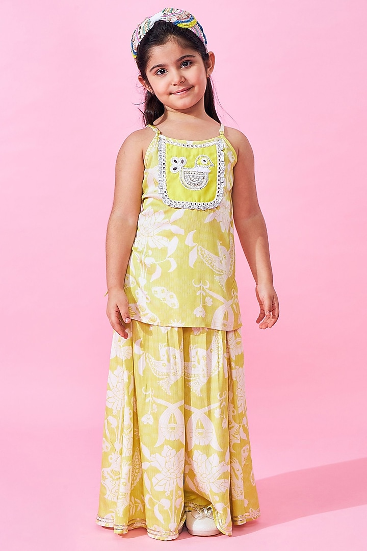 Yellow Modal Satin Printed Sharara Set For Girls by Joey and Pooh Kids at Pernia's Pop Up Shop