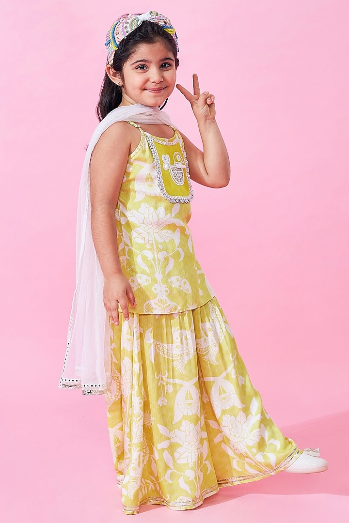 Yellow Modal Satin Printed Sharara Set For Girls by Joey and Pooh Kids at Pernia's Pop Up Shop