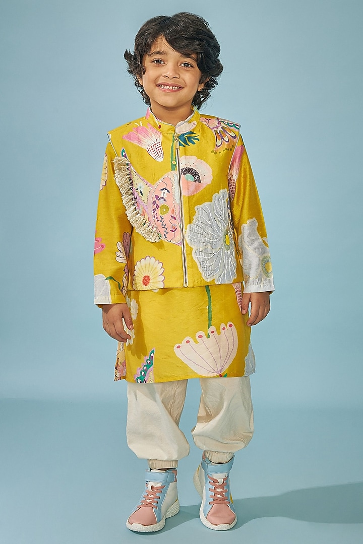 Yellow Cotton Chanderi Printed & Embroidered Jacket Set For Boys by Joey and Pooh Kids at Pernia's Pop Up Shop