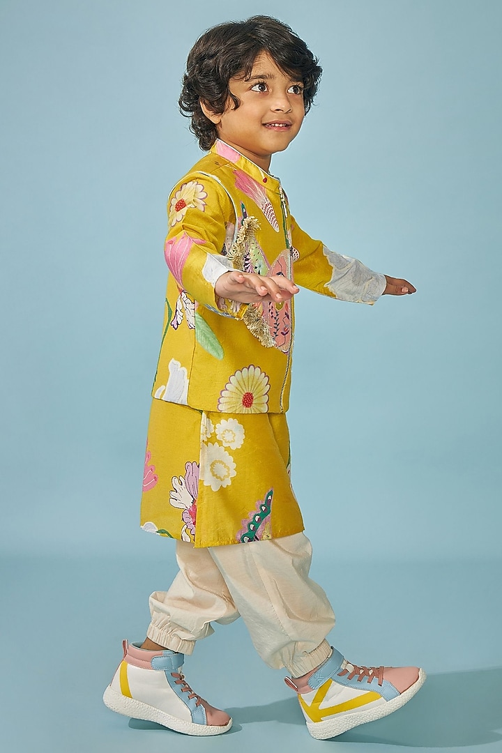 Yellow Cotton Chanderi Printed & Embroidered Jacket Set For Boys by Joey and Pooh Kids at Pernia's Pop Up Shop