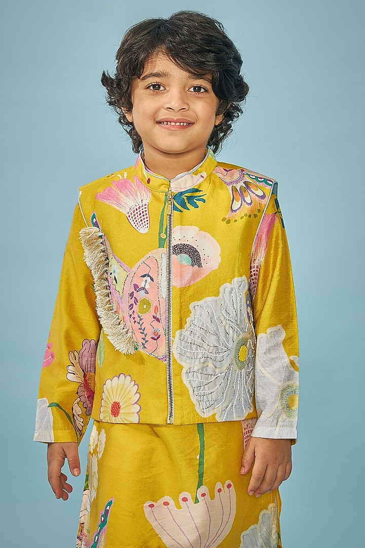 Yellow Cotton Chanderi Printed & Embroidered Jacket Set For Boys by Joey and Pooh Kids at Pernia's Pop Up Shop