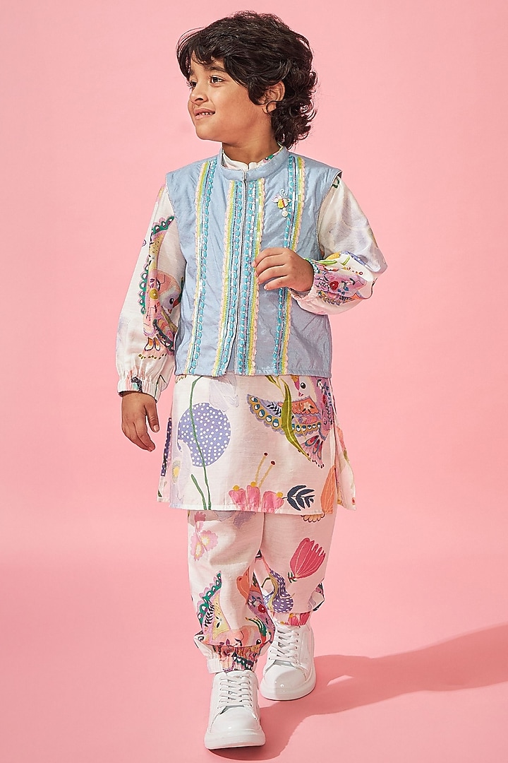 White Cotton Chanderi Printed & Embroidered Jacket Set For Boys by Joey and Pooh Kids at Pernia's Pop Up Shop