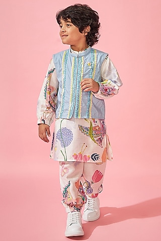 White Cotton Chanderi Printed & Embroidered Jacket Set For Boys by Joey and Pooh Kids