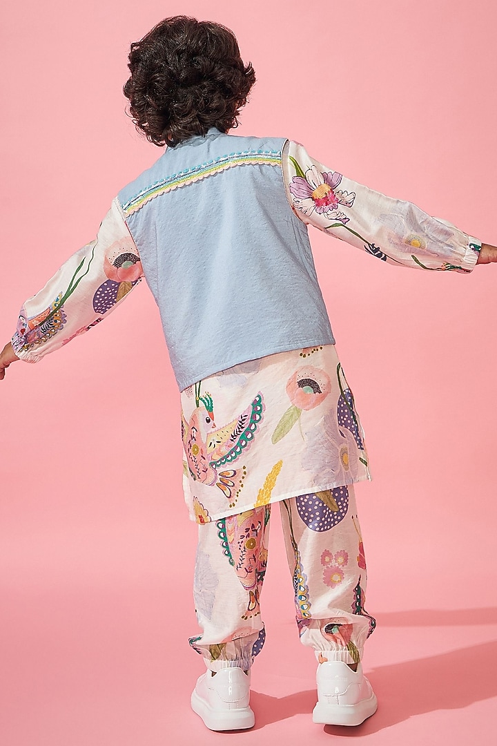 White Cotton Chanderi Printed & Embroidered Jacket Set For Boys by Joey and Pooh Kids at Pernia's Pop Up Shop