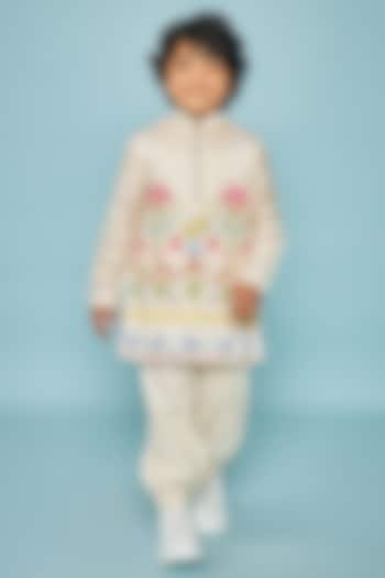 Off-White Cotton Chanderi Printed & Embroidered Co-Ord Set For Boys by Joey and Pooh Kids