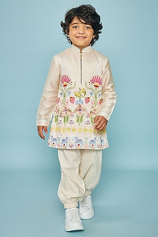 Off-White Cotton Chanderi Printed & Embroidered Co-Ord Set For Boys by Joey and Pooh Kids