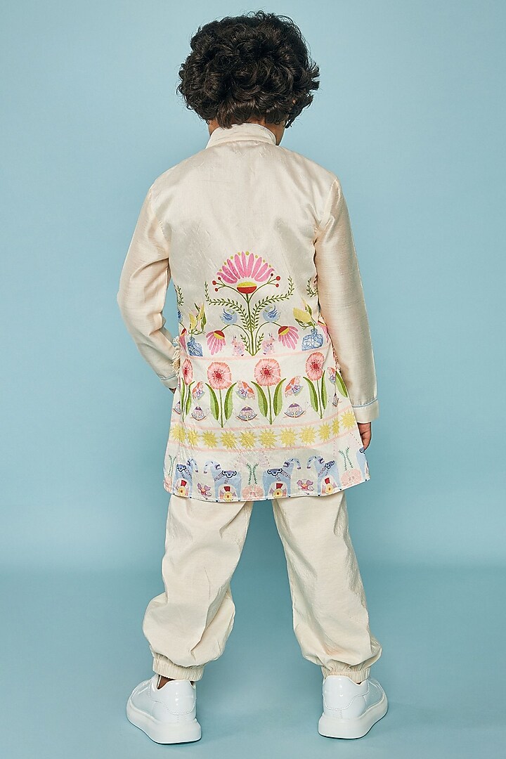Off-White Cotton Chanderi Printed & Embroidered Co-Ord Set For Boys by Joey and Pooh Kids at Pernia's Pop Up Shop