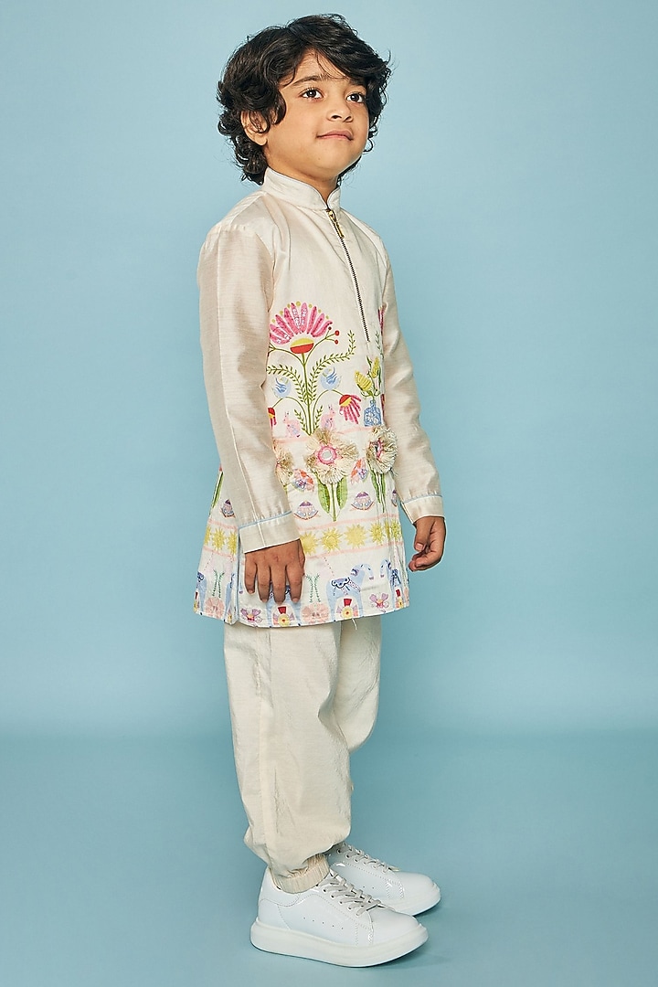Off-White Cotton Chanderi Printed & Embroidered Co-Ord Set For Boys by Joey and Pooh Kids at Pernia's Pop Up Shop