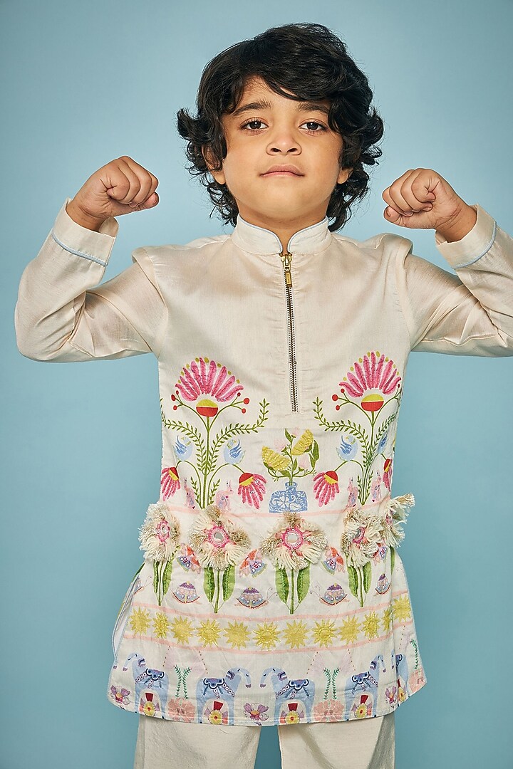 Off-White Cotton Chanderi Printed & Embroidered Co-Ord Set For Boys by Joey and Pooh Kids at Pernia's Pop Up Shop