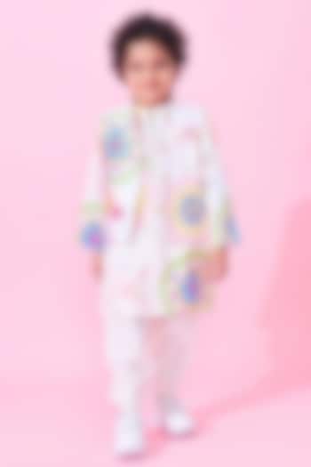 White Cotton Chanderi Printed & Embroidered Jacket Set For Boys by Joey and Pooh Kids at Pernia's Pop Up Shop