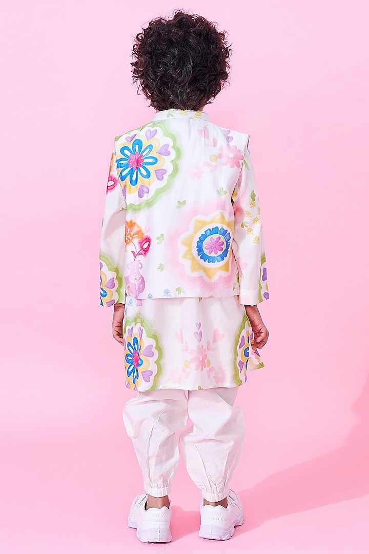 White Cotton Chanderi Printed & Embroidered Jacket Set For Boys by Joey and Pooh Kids at Pernia's Pop Up Shop
