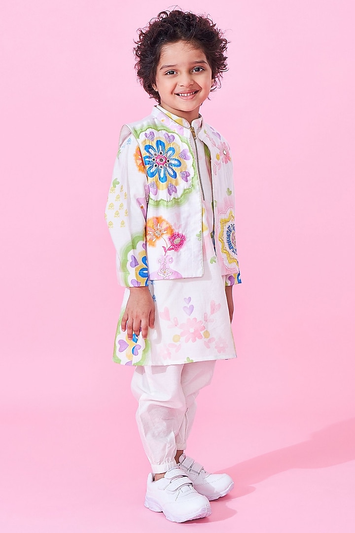 White Cotton Chanderi Printed & Embroidered Jacket Set For Boys by Joey and Pooh Kids at Pernia's Pop Up Shop