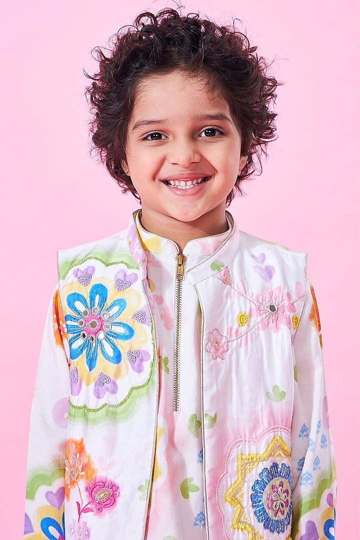 White Cotton Chanderi Printed & Embroidered Jacket Set For Boys by Joey and Pooh Kids at Pernia's Pop Up Shop