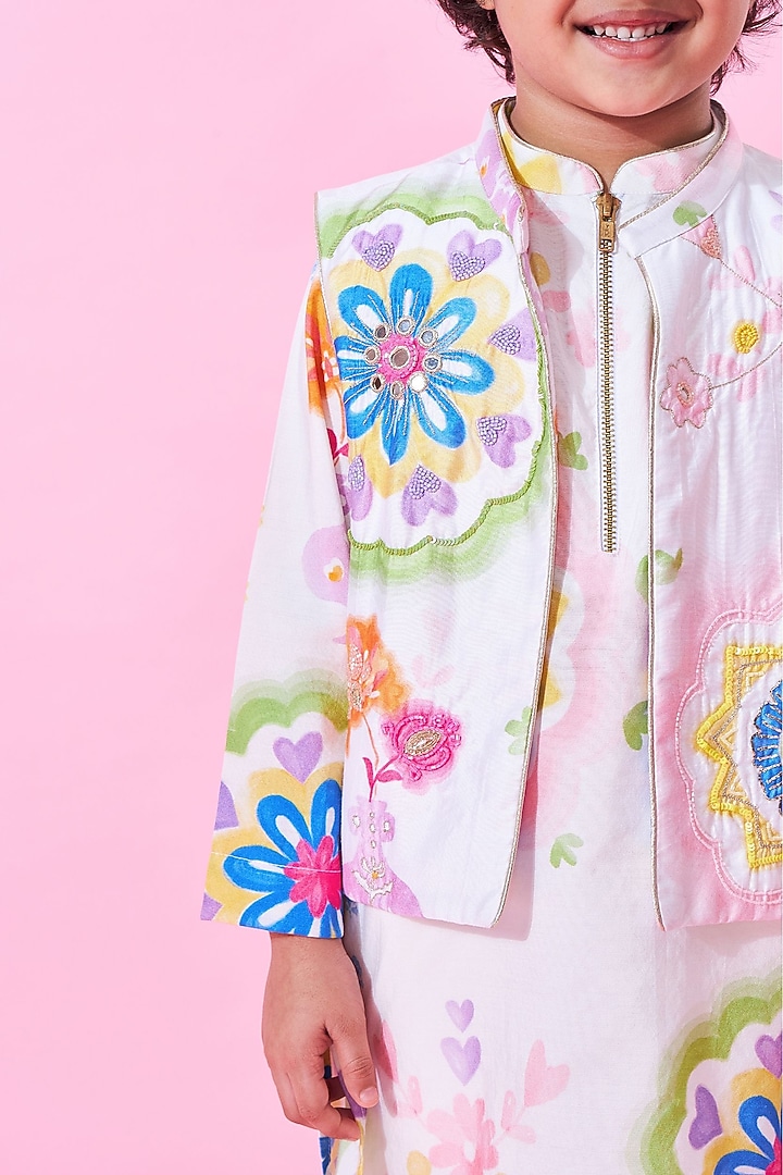 White Cotton Chanderi Printed & Embroidered Jacket Set For Boys by Joey and Pooh Kids at Pernia's Pop Up Shop