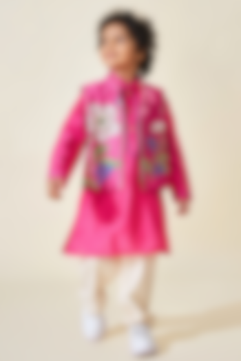 Pink Cotton Chanderi Printed & Embroidered Jacket Set For Boys by Joey and Pooh Kids at Pernia's Pop Up Shop