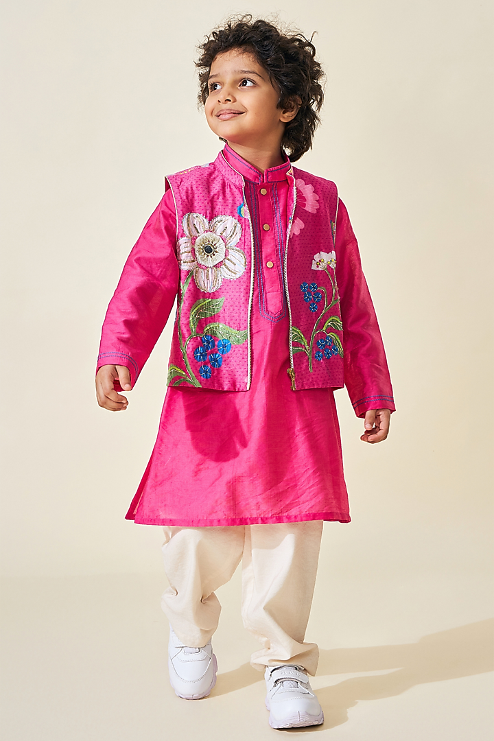 Pink Cotton Chanderi Printed & Embroidered Jacket Set For Boys by Joey and Pooh Kids at Pernia's Pop Up Shop