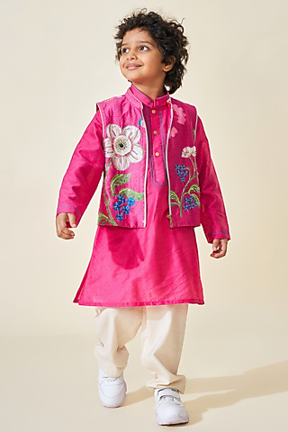 Pink Cotton Chanderi Printed & Embroidered Jacket Set For Boys by Joey and Pooh Kids