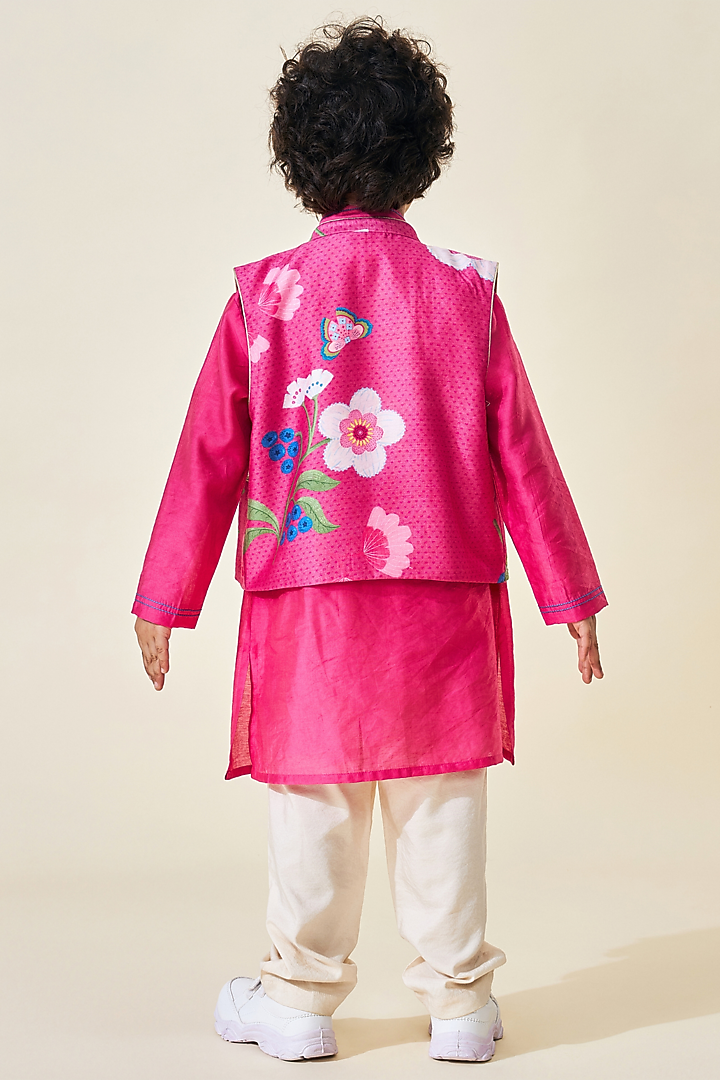 Pink Cotton Chanderi Printed & Embroidered Jacket Set For Boys by Joey and Pooh Kids at Pernia's Pop Up Shop