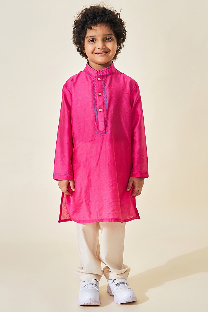 Pink Cotton Chanderi Printed & Embroidered Jacket Set For Boys by Joey and Pooh Kids at Pernia's Pop Up Shop