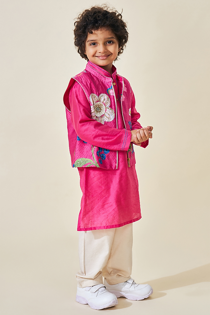 Pink Cotton Chanderi Printed & Embroidered Jacket Set For Boys by Joey and Pooh Kids at Pernia's Pop Up Shop