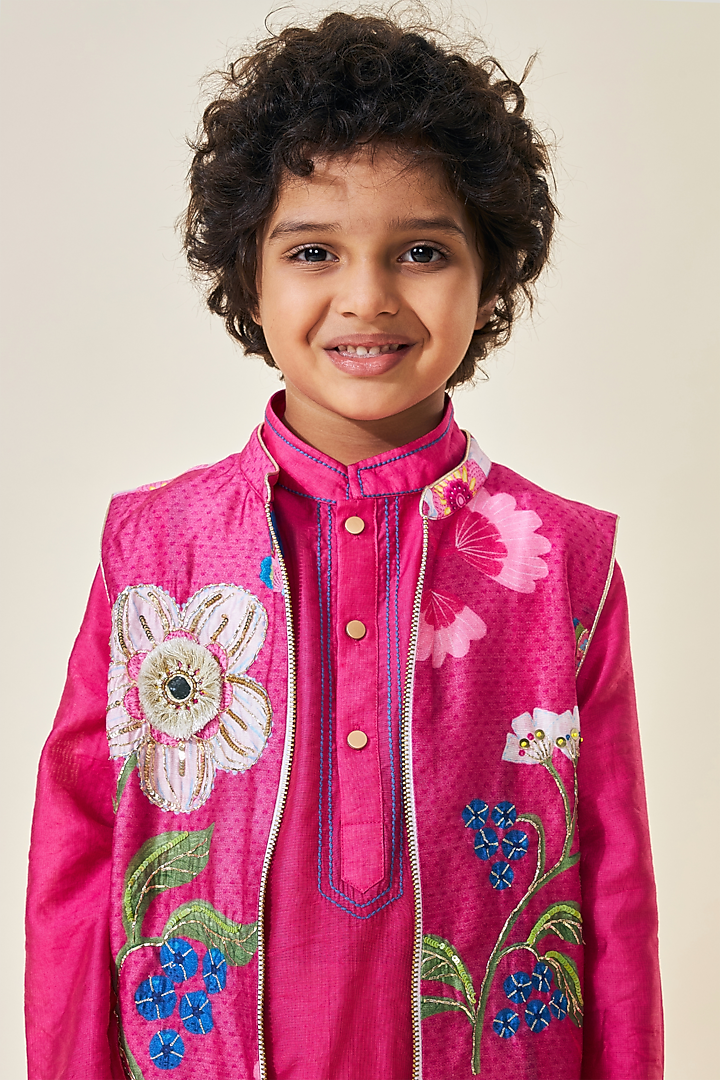 Pink Cotton Chanderi Printed & Embroidered Jacket Set For Boys by Joey and Pooh Kids at Pernia's Pop Up Shop