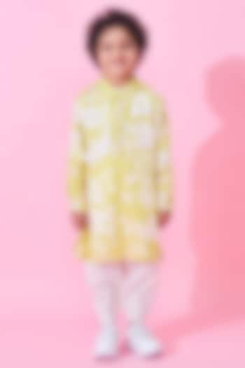 Yellow Modal Satin Printed & Embroidered Kurta Set For Boys by Joey and Pooh Kids at Pernia's Pop Up Shop
