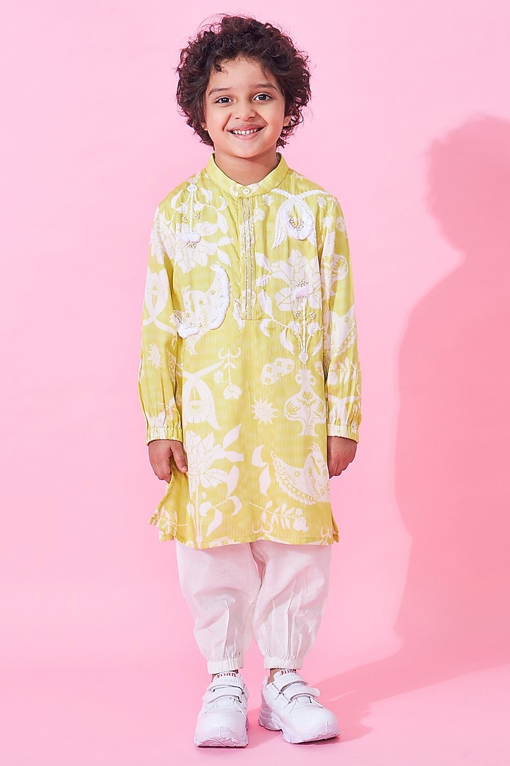 Yellow Modal Satin Printed & Embroidered Kurta Set For Boys by Joey and Pooh Kids at Pernia's Pop Up Shop