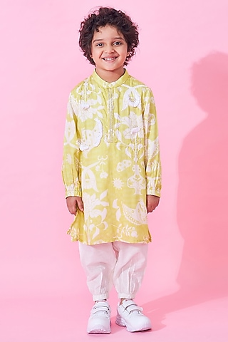 Yellow Modal Satin Printed & Embroidered Kurta Set For Boys by Joey and Pooh Kids