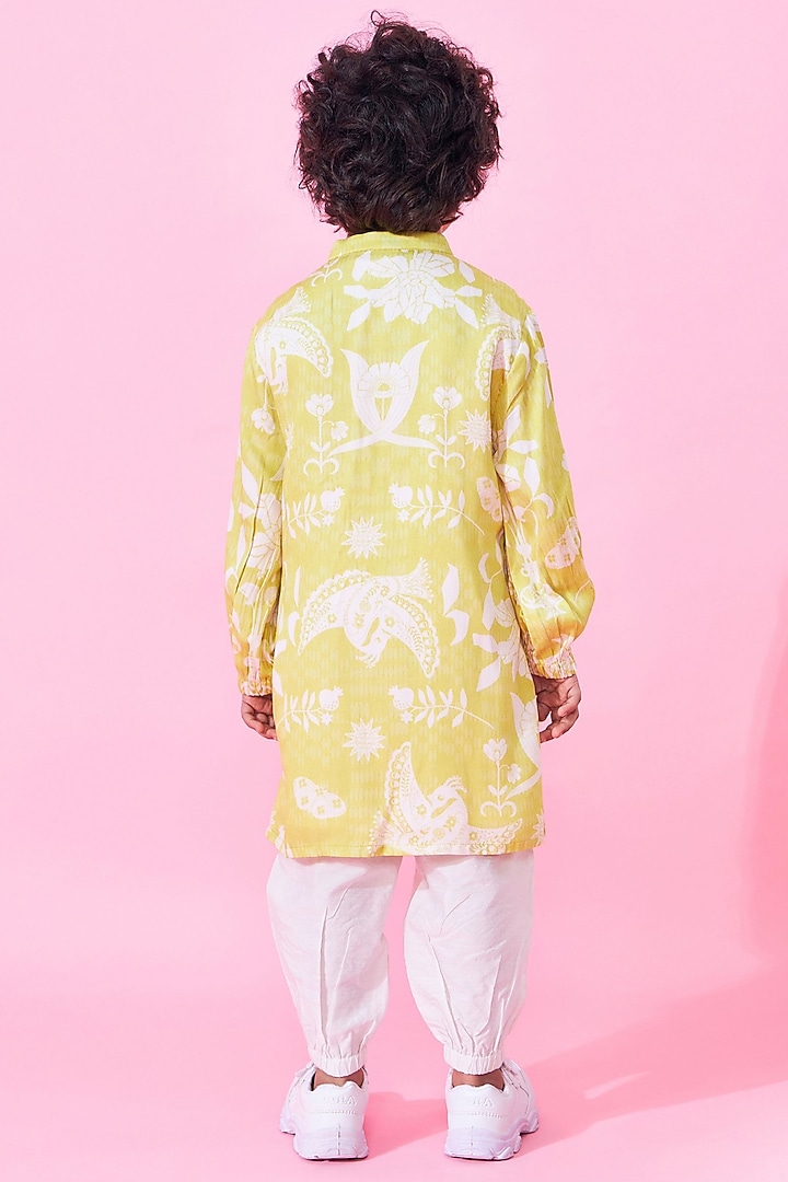 Yellow Modal Satin Printed & Embroidered Kurta Set For Boys by Joey and Pooh Kids at Pernia's Pop Up Shop