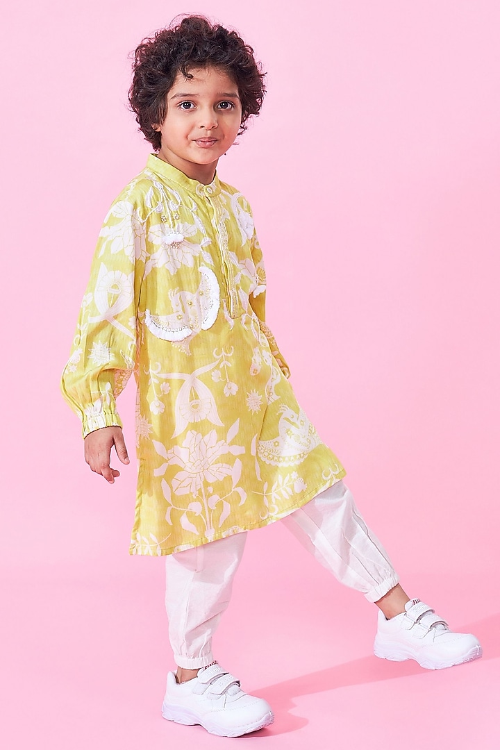 Yellow Modal Satin Printed & Embroidered Kurta Set For Boys by Joey and Pooh Kids at Pernia's Pop Up Shop