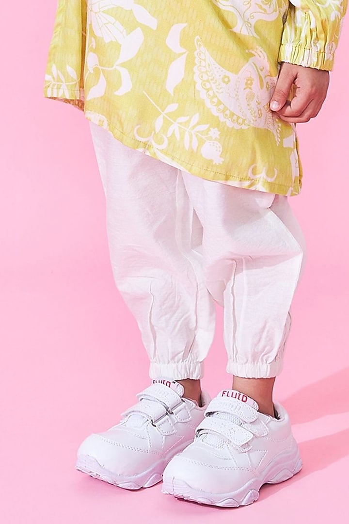 Yellow Modal Satin Printed & Embroidered Kurta Set For Boys by Joey and Pooh Kids at Pernia's Pop Up Shop