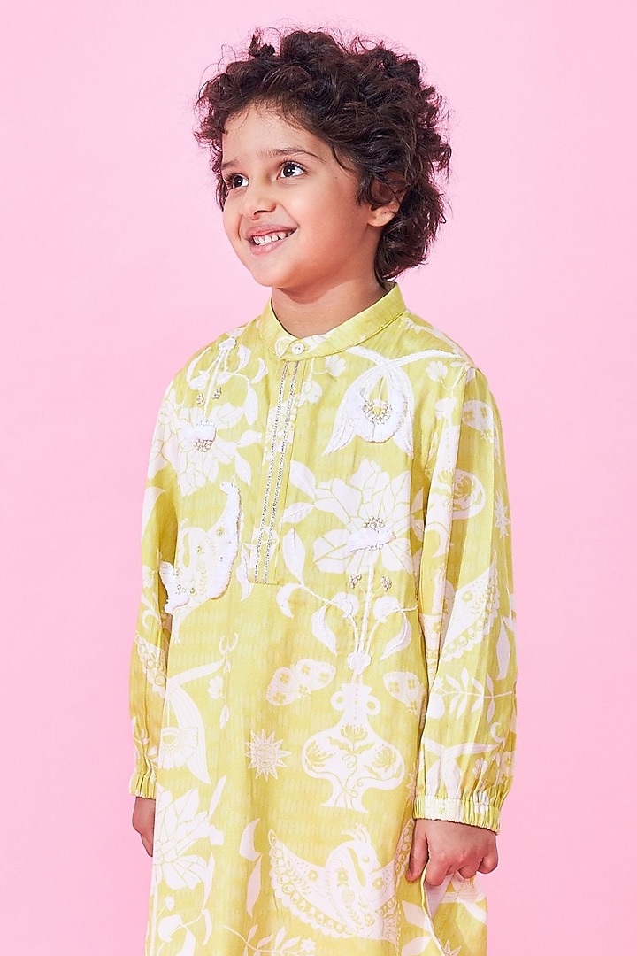 Yellow Modal Satin Printed & Embroidered Kurta Set For Boys by Joey and Pooh Kids at Pernia's Pop Up Shop