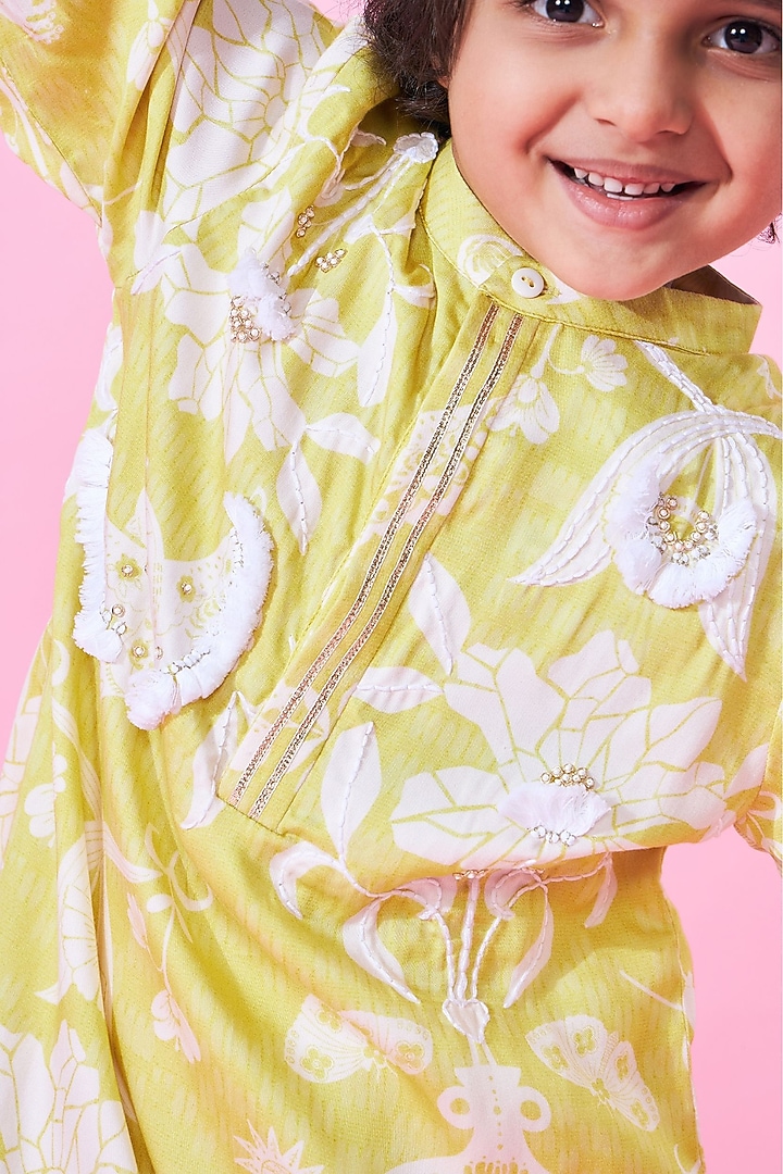 Yellow Modal Satin Printed & Embroidered Kurta Set For Boys by Joey and Pooh Kids at Pernia's Pop Up Shop