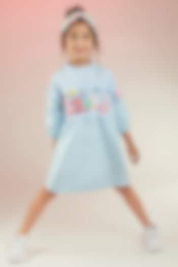 Powder Blue Yarn-Dyed Cotton & Cotton Poplin Hand Embroidered Dress For Girls by Joey and Pooh Kids at Pernia's Pop Up Shop