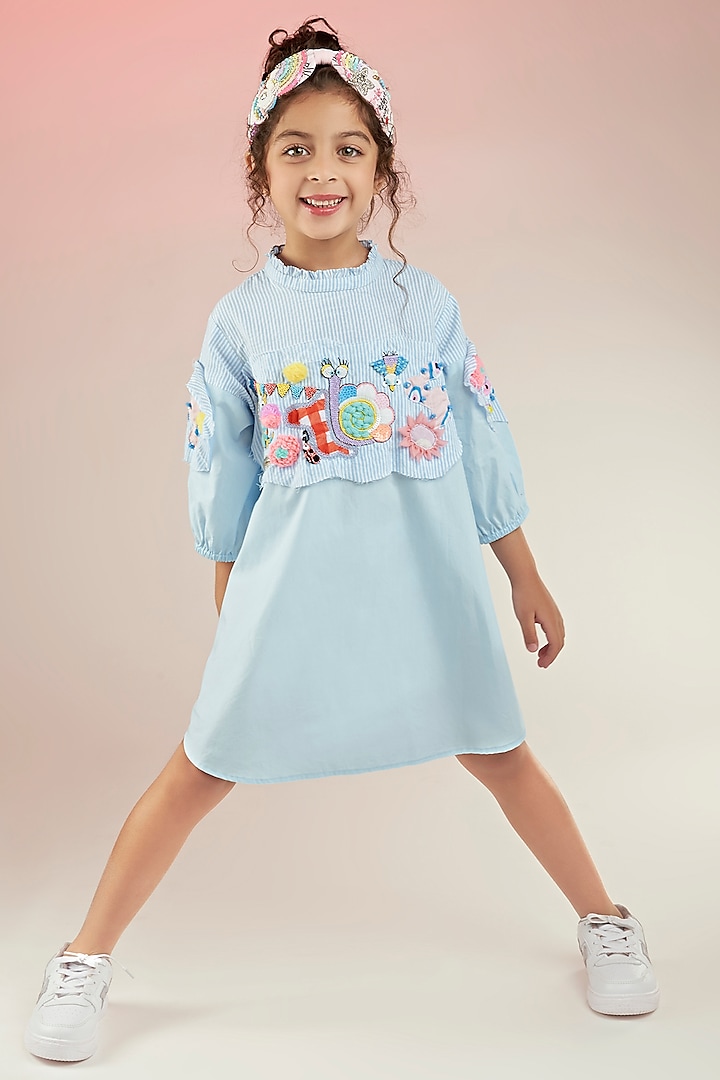 Powder Blue Yarn-Dyed Cotton & Cotton Poplin Hand Embroidered Dress For Girls by Joey and Pooh Kids at Pernia's Pop Up Shop