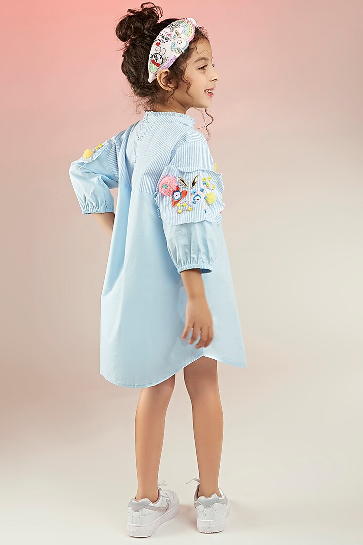 Powder Blue Yarn-Dyed Cotton & Cotton Poplin Hand Embroidered Dress For Girls by Joey and Pooh Kids at Pernia's Pop Up Shop