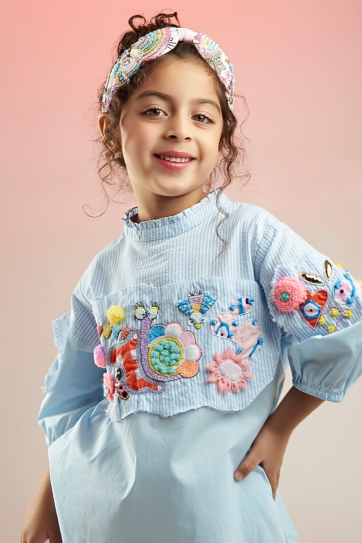 Powder Blue Yarn-Dyed Cotton & Cotton Poplin Hand Embroidered Dress For Girls by Joey and Pooh Kids at Pernia's Pop Up Shop
