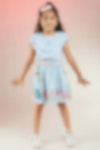 Powder Blue Lame & Cotton Poplin Hand Embroidered Mini Skirt Set For Girls by Joey and Pooh Kids at Pernia's Pop Up Shop