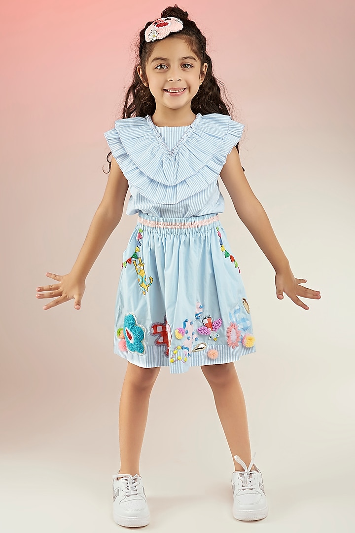 Powder Blue Lame & Cotton Poplin Hand Embroidered Mini Skirt Set For Girls by Joey and Pooh Kids at Pernia's Pop Up Shop