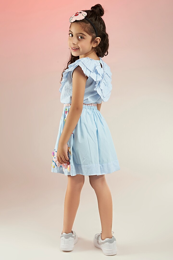 Powder Blue Lame & Cotton Poplin Hand Embroidered Mini Skirt Set For Girls by Joey and Pooh Kids at Pernia's Pop Up Shop