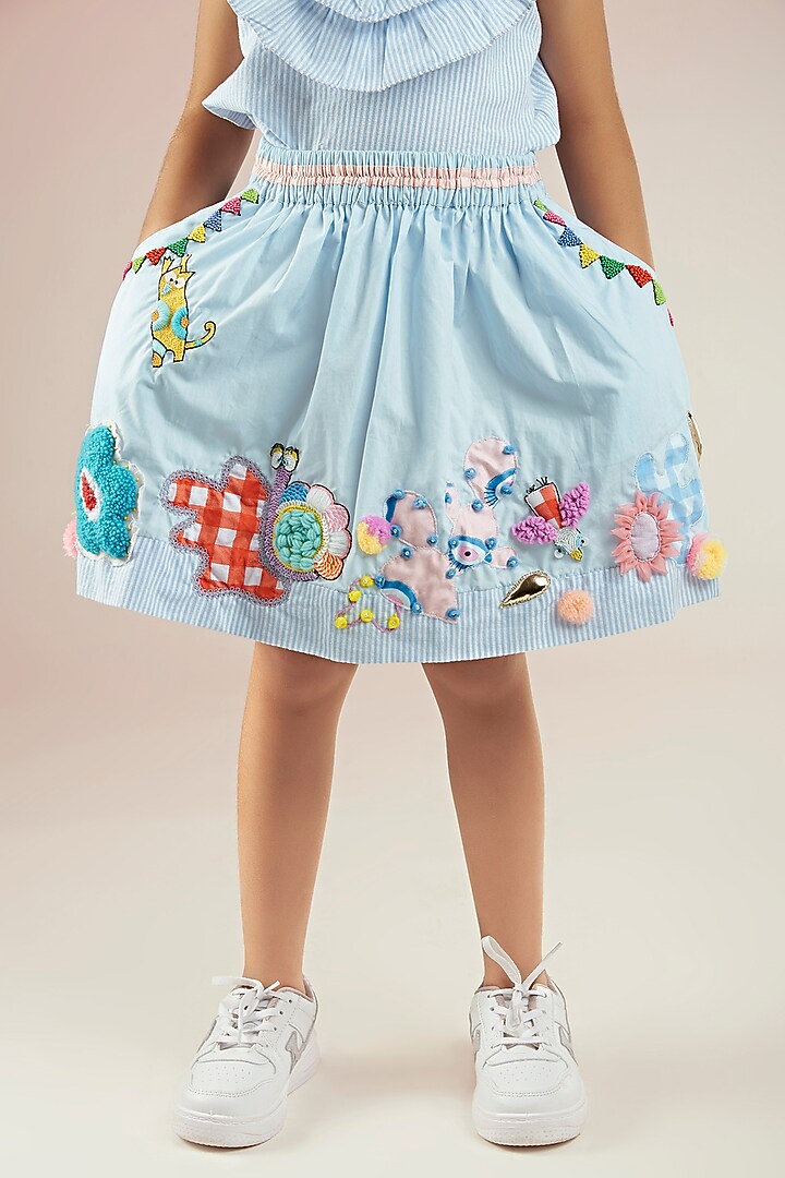 Powder Blue Lame & Cotton Poplin Hand Embroidered Mini Skirt Set For Girls by Joey and Pooh Kids at Pernia's Pop Up Shop