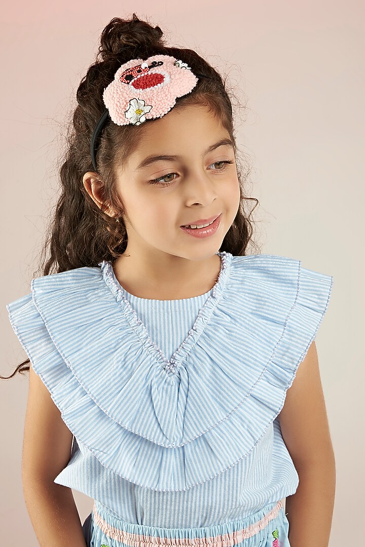 Powder Blue Lame & Cotton Poplin Hand Embroidered Mini Skirt Set For Girls by Joey and Pooh Kids at Pernia's Pop Up Shop