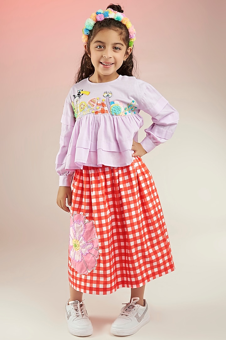 Red Jersey & Cotton Cambric Printed Midi Skirt Set For Girls by Joey and Pooh Kids at Pernia's Pop Up Shop