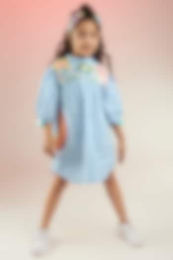 Powder Blue Premium Cotton Cambric Checks Printed Dress For Girls by Joey and Pooh Kids at Pernia's Pop Up Shop