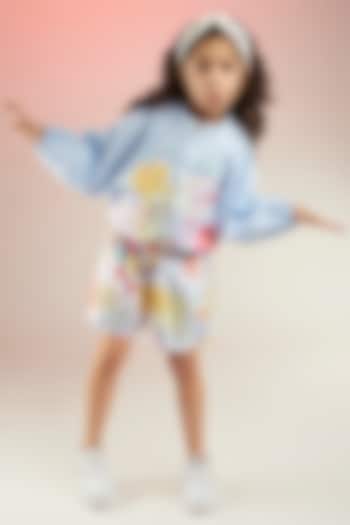 Blue Yarn Dyed Cotton & Premium Cotton Satin Floral Printed Co-Ord Set For Girls by Joey and Pooh Kids at Pernia's Pop Up Shop