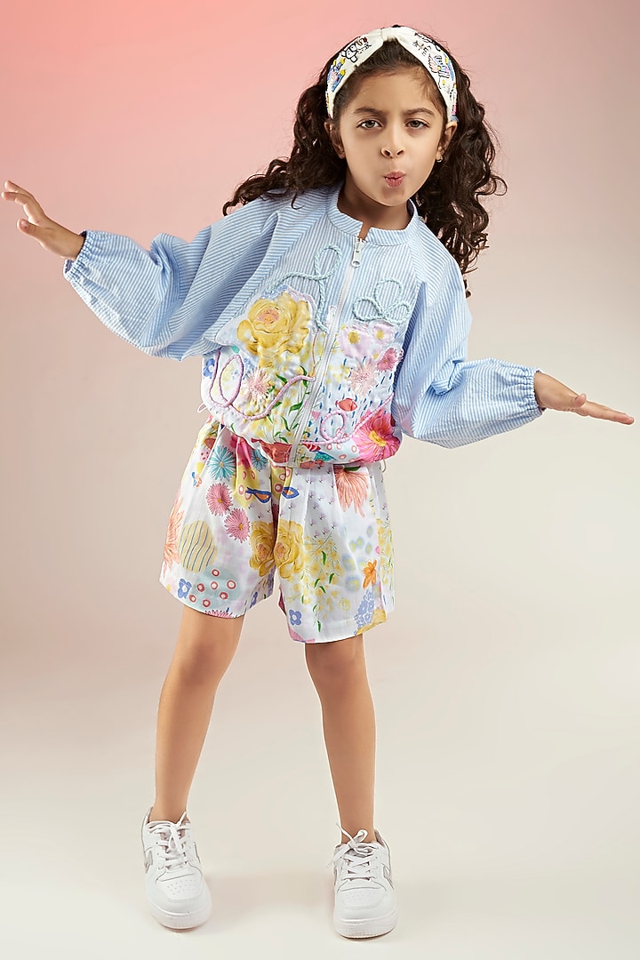 Blue Yarn Dyed Cotton & Premium Cotton Satin Floral Printed Co-Ord Set For Girls by Joey and Pooh Kids at Pernia's Pop Up Shop