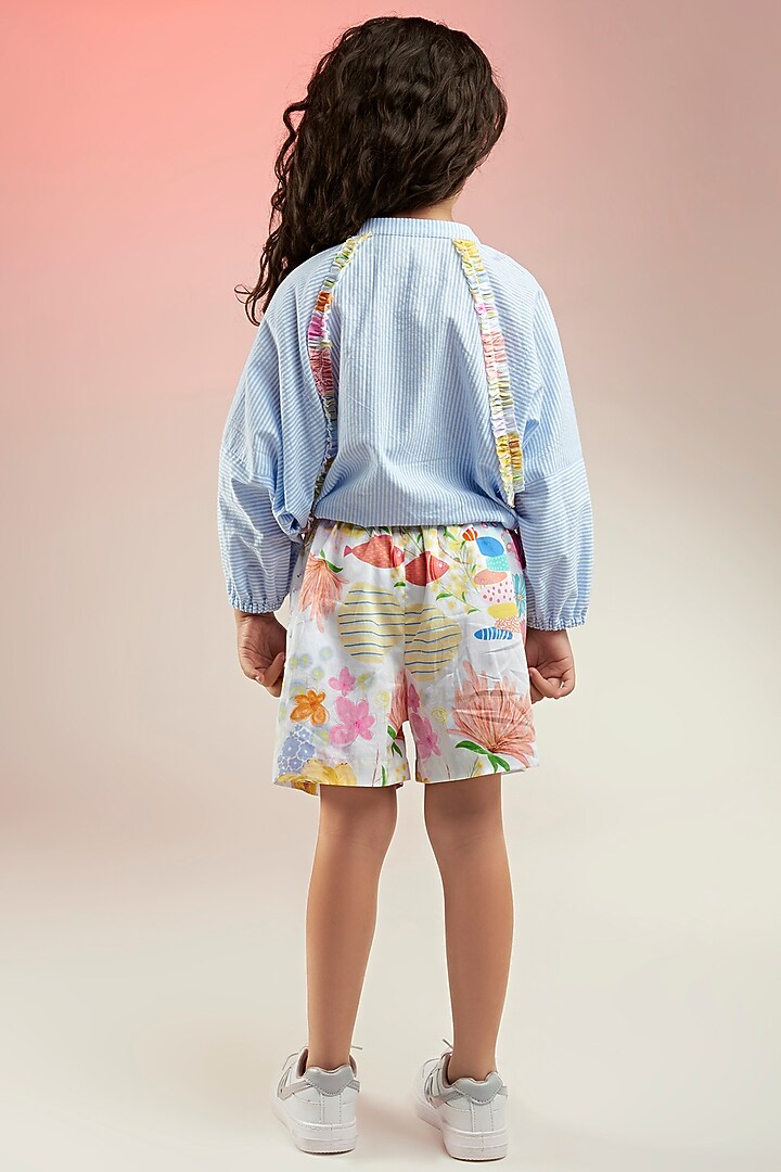 Blue Yarn Dyed Cotton & Premium Cotton Satin Floral Printed Co-Ord Set For Girls by Joey and Pooh Kids at Pernia's Pop Up Shop
