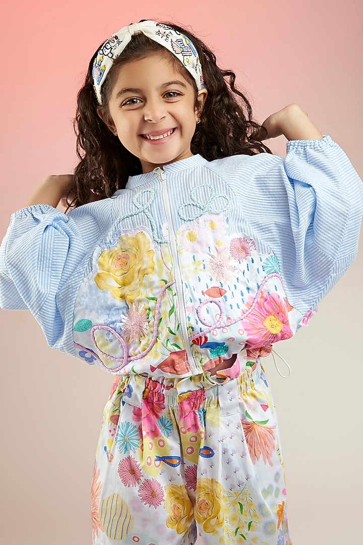 Blue Yarn Dyed Cotton & Premium Cotton Satin Floral Printed Co-Ord Set For Girls by Joey and Pooh Kids at Pernia's Pop Up Shop