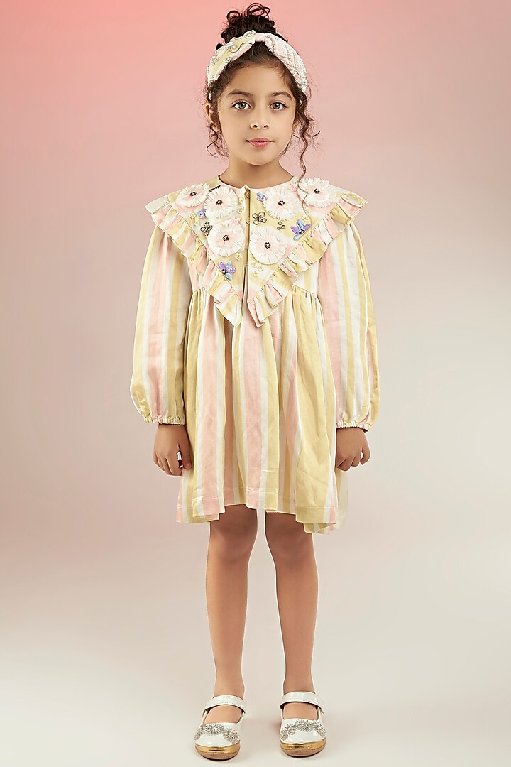 Yellow Modal Satin Hand Embellished Knee-Length Striped Dress For Girls by Joey and Pooh Kids at Pernia's Pop Up Shop